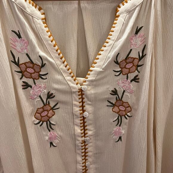 Boho Embroidered Blouse Cream Floral Peasant Sleeves Top L Cottagecore Coquette - Picture 7 of 10